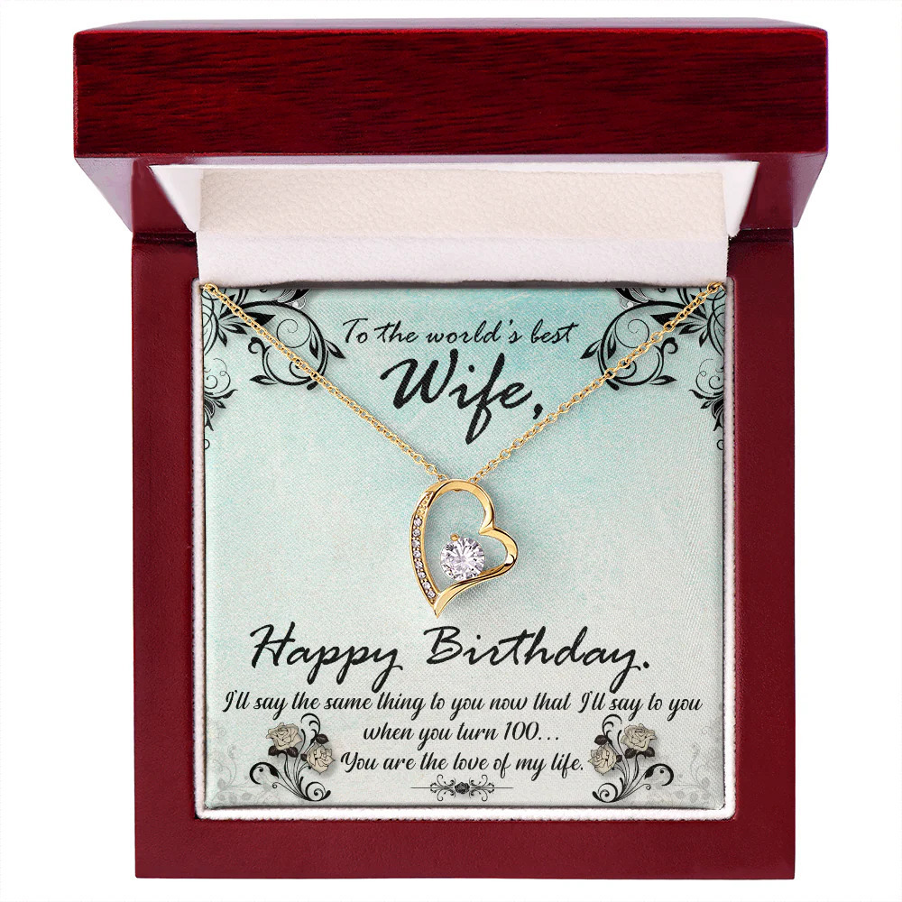 Wife Love of My Life Forever Love CZ Heart Necklace Yellow Gold Luxury Box